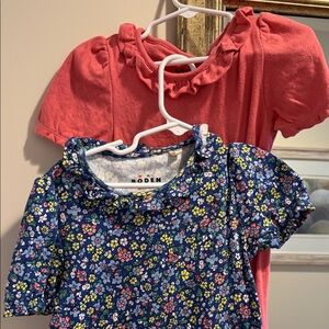 (2) Boden Girls' Floral Navy Ruffle Neck Top & Coral Short Sleeve Top - 2-Pack